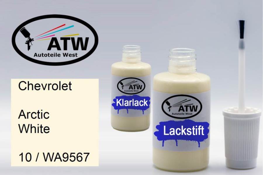 Chevrolet, Arctic White, 10 / WA9567: 20ml Lackstift + 20ml Klarlack - Set, von ATW Autoteile West.